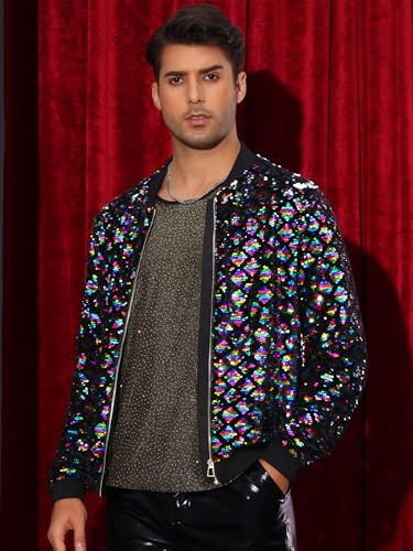 Lars Amadeus Argyle Sequin Bomber Jacket for Men's Party Club Shiny Baseball Varsity Jacket2