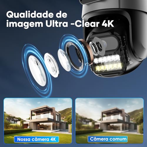 Câmera de Segurança 4K para Telhado Externo, Rastreamento de Pessoas, 8x Zoom, Controle Wi-Fi, Visão