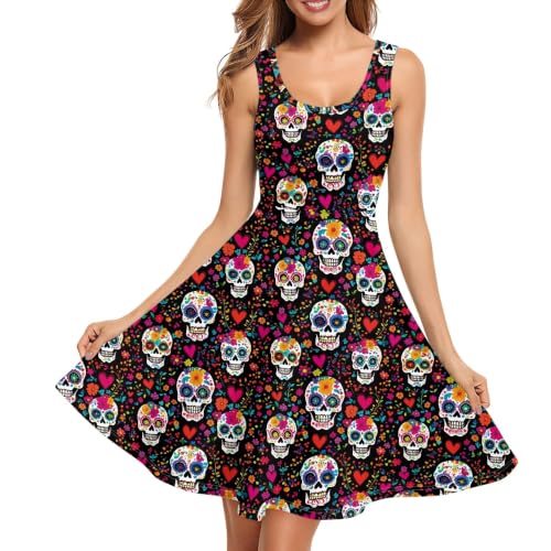 Image of TOADDITDO Women's Sleeveless O Neck Beach A-Line Party Coctail Tank Dresses Flared Sundress