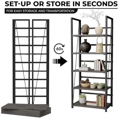 Image of JD FRESH 5 Tier Foldable Bookshelf Rack with Metal Frame & Wooden Shelves /Open Storage Rack /Multi-Purpose Stand /Space-Saving Display Shelf, Book Rack, Home Decor Organizer (Grey)