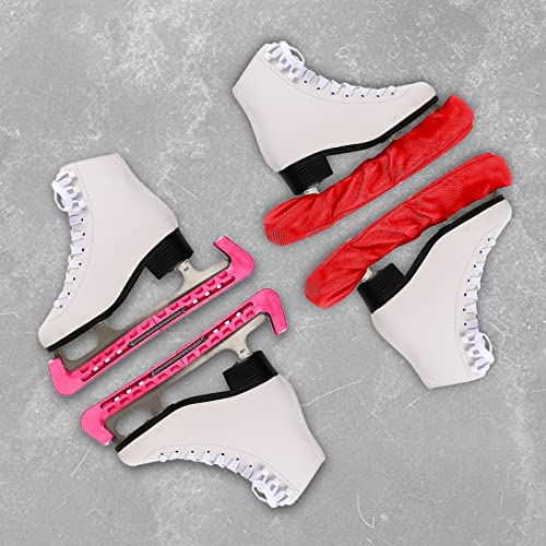 Foto von Eishockey Schlittschuhe Kufenschoner Geschenkset, 2 Stück Elastische Kufenstrümpfe+2 Stück Verstellbar Schutz Kunststoff+1 Stück Handtuch, Kufenschutz Zubehör für Damen Herren Kinde(Rot,Mittel)