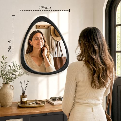 Image of Asymmetrical Mirror, 24 inchx19 inch Unique Irregular Wall Mirror, Wood Mid Century Modern Mirror Decor for Bathroom Bedroom Living Room Entryway Hallway (Black)