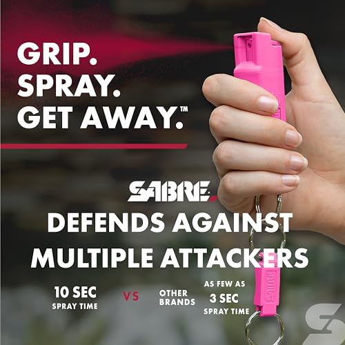 Image of Sabre Pepper Spray with Quick Release Keychain for Self Defense - Maximum Police Strength OC Spray with UV Marking Dye, Twist Lock Safety, Finger Grip, 10‑Second Spray, 14‑ft Range, Made in USA
