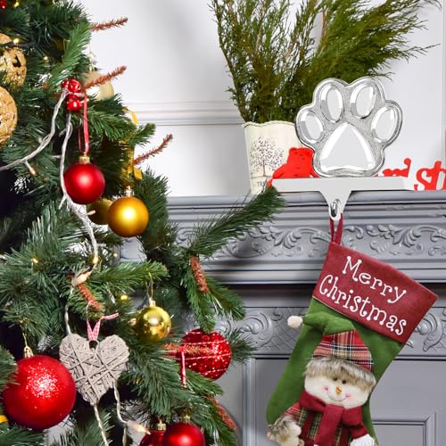 Fowecelt Dog Paw Christmas Stocking Holder, 3D Silver Metal Mantel Stocking Hanger for Mantel Shelf Stand Table Christmas Decor