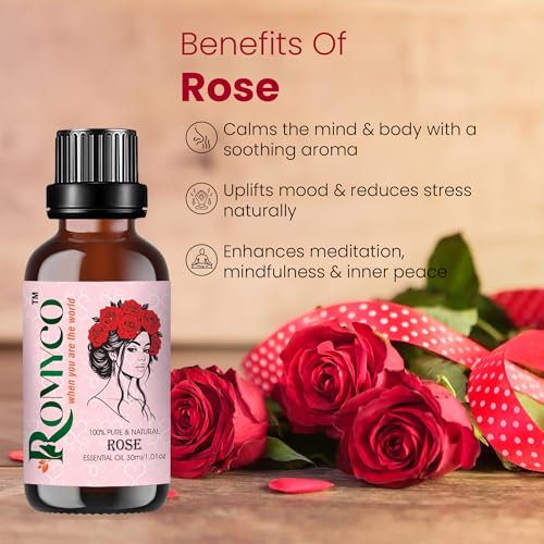 Image of Romyco Rose Essential Oil 30ml (Gulab) for Romance, Luxury | Hydrated Skin Care | Natural Perfume & Meditation | Aromatherapy & Diffuser Oil | Men & Women | Pure Natural Organic & Undiluted