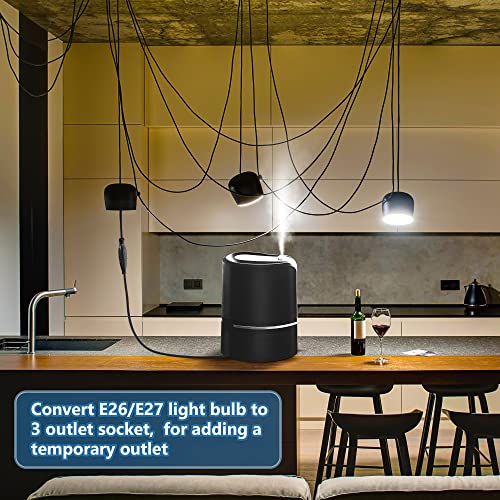 feekoon 1 pack 3 outlet light socket adapter convert e26e27 bulb socket to 3 prong outlet with extension cord light bulb plug adapter converter suitable for outdoor porch garage patio use black