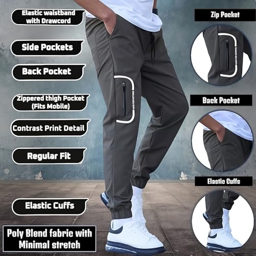 Image of Men's Lightweight Trackpants with Zip Pocket | Casual 4-Pocket Cargo Joggers | Poly-Blend Lowers with Elastic Waist & Cuffs for Gym, Lounge & Sports | S-XXL