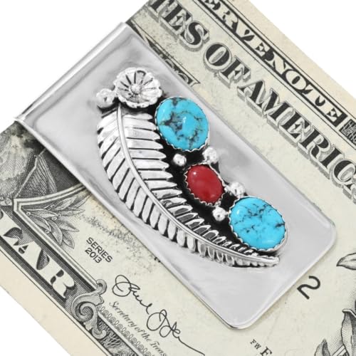 Native American Turquoise Coral Silver Money Clip Sterling Navajo Design on German Silver 37672