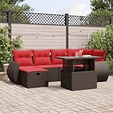 Ensemble polyvalent de 7 pièces pour 6 personnes. Cet ensemble de meubles de jardin comprend 1 canapé d'angle, 2 canapés centraux, 2 canapés accoudoirs, 1 tabouret et 1 table de jardin. Chaque siège peut supporter jusqu'à 110 kg, idéal pour des tours conviviaux sur votre terrasse. Les coussins sont résistants aux UV et les housses sont amovibles et lavables.