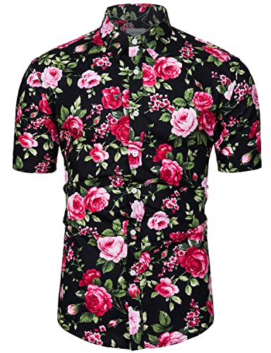 TUNEVUSE Men Floral Shirt Short Sleeve Button Down Flower Shirt Summer Beach Hawaiian Shirt Cotton