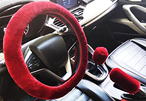 ixiton 3pcs Doux Faux Laine en Peluche Couvre Volant, Universal Épaississement Chaud Non-Slip intérieur Auto, Fluffy Handbrake Couvrir et Vitesse Maj Couverture (Wine Red,Manual) Cover