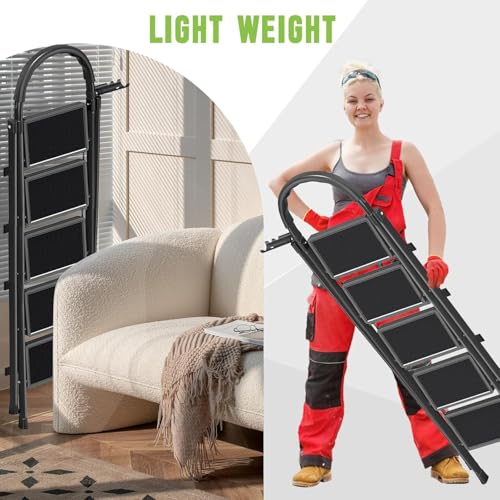 Image of BESTONE Foldable Step Ladder, Sturdy Steel Folding Stool with Wide Anti-Slip Pedals for Home, Kitchen, Garden & Office(Black ) (5 steps)