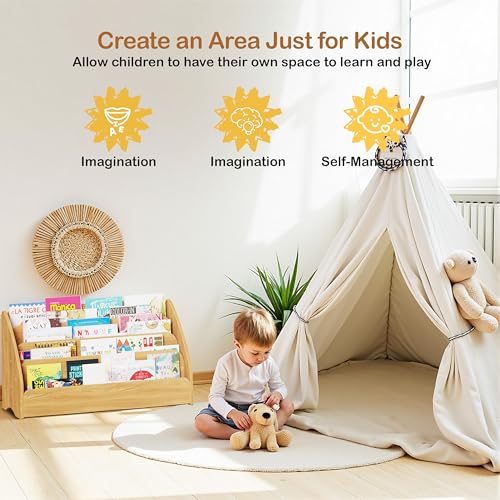 Image of Lkeiyay Kids Bookshelf - Montessori Shelf for Toddlers, 4-Tier Wooden Book Display Storage, Open Front Design for Classroom & Bedroom