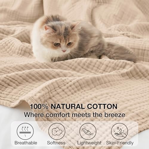 Image of 100% Cotton Muslin Blanket Queen 90 inch x 90 inch, 6 Layers Breathable and Lightweight Cotton Throw Blanket for Bed, Soft Quilt Bedspread Coverlet, Gauze Blanket for Adults All Season, Beige Linen