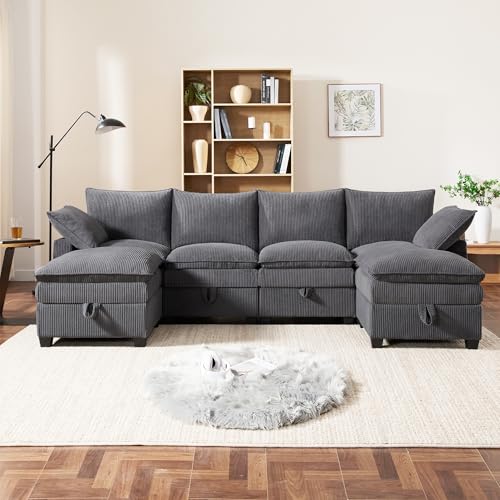 SACOOL Sofá moderno en forma de L con funda de pana, reposapiés extraíble, puertos USB, compartimentos de almacenamiento y portavasos, sofá modular para salón, apartamento y espacios pequeños, color