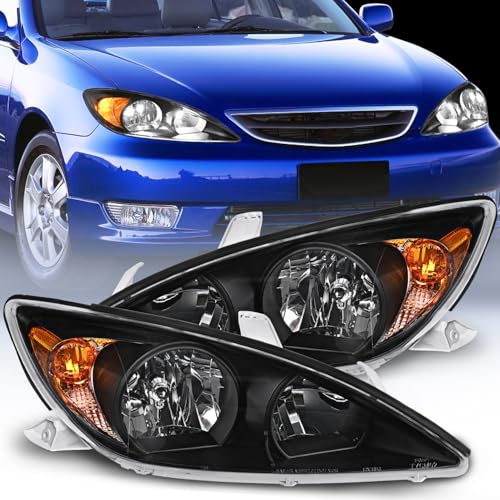Nilight Headlight Assembly for 2002 2003 2004 Toyota Camry LE/XLE Headlamps Replacement Black Housing Amber Reflector Clear Lens Driver and Passenger Side