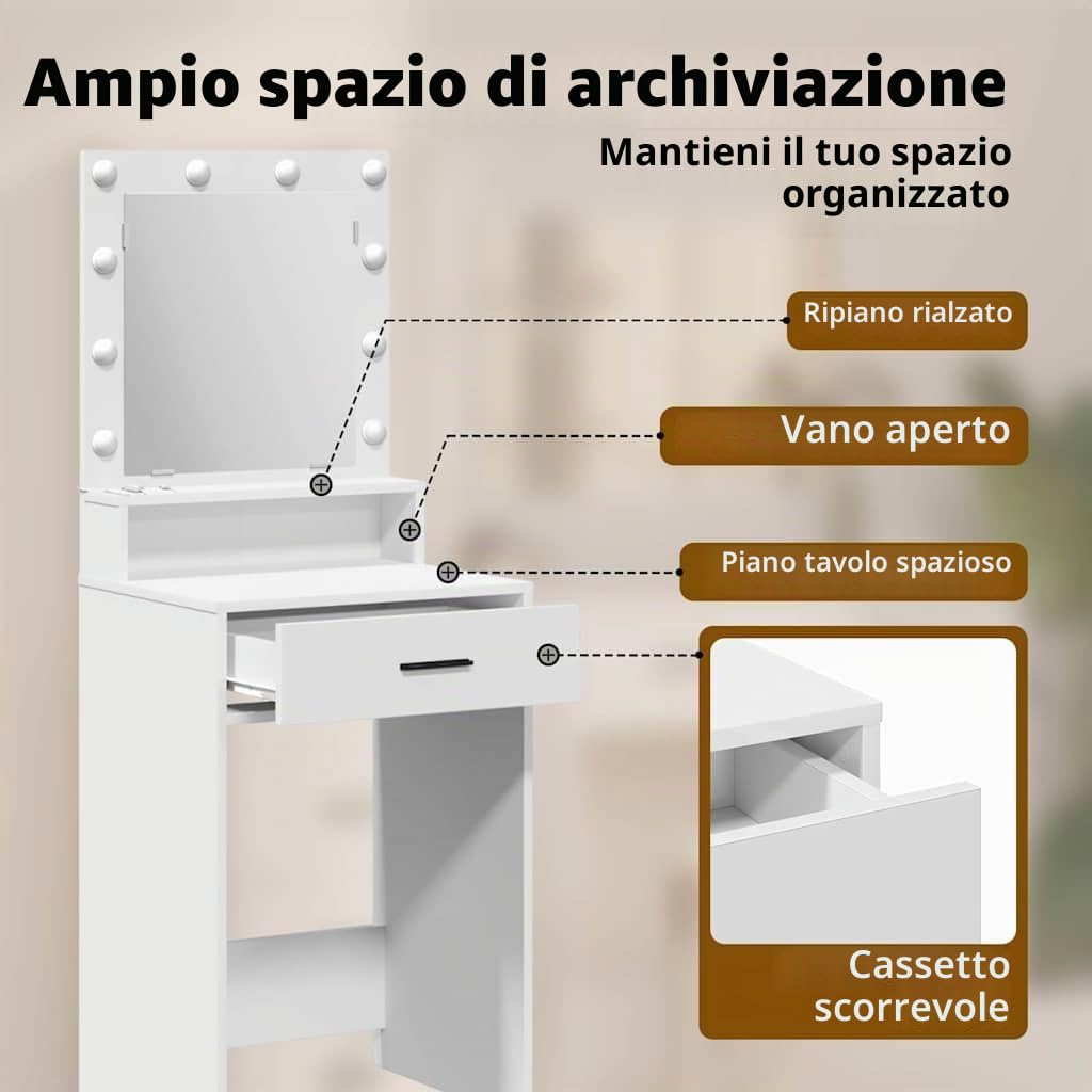 vidaXL Tavolo da Trucco Bianco 50 x 41 x 135 cm Legno multistrato, Comò Elegante per Camera, Vanity Moderna con Cassetti, Specchio LED e Organizer Compatto per Info Personali