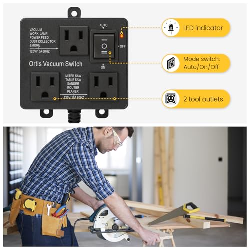 Image of Automatic Vacuum Switch, Ortis Vacuum Switch for More Power Tools, Delay Vacuum On /Off to Prevent Circuit Overload and Tripping, Keep Your Workplace Cleaner, Better for Your Lung, Black