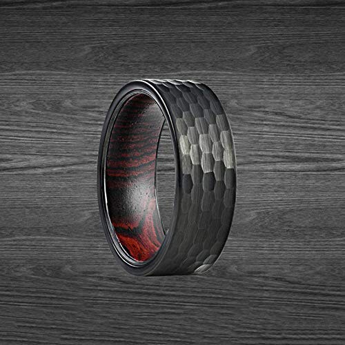 Hammered Black Ring with Wenge Wood 8mm Tungsten Rings for Men Brushed Mens Wedding Bands Wood Inlay Comfort Fit Norse Viking Ring