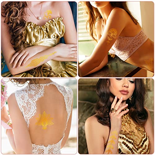 Qpout 12 Sheets Metallic Temporary Tattoos For Kids Girls Women, Gold Tattoos Waterproof, Bronzing Tattoo Stickers, Tribal Totem Butterfly Flower Fake Tattoos, Face Hand Arm Chest Tattoos Decoration #TOP6