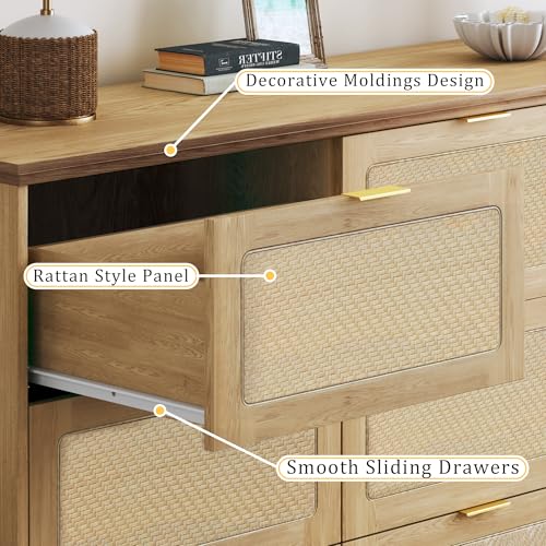 Image of HUAHUU 9 Drawer Dresser for Bedroom, 60 Inch Long Dressers & Rattan Chest of Drawers, Large TV Stand for 55, 65, 70 Inch TV, Boho Style, Modern Dresser for, Living Room, Entryway, Bedroom, Natural Oak