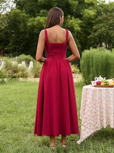 Image of KUTUMAI Women Summer Corset Midi Floral Wedding Guest Dresses with Pockets | Lace Neck, Smocked Back, Flowy A Line Sundress for 2026 Engagement Photoshoot Bridal Shower Garden Party