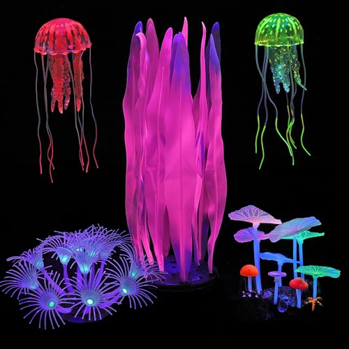 Image of Lpraer 5 Pack Glow Aquarium Decorations Kelp Coral Mushroom Sun Flower Jellyfish Simulation Glow Plant Glowing Effect Silicone for Fish Tank Decorations