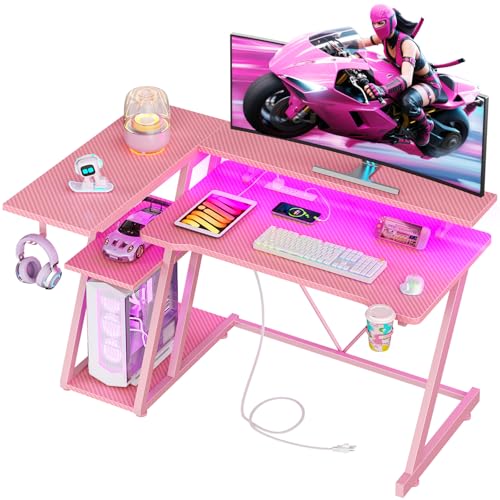 Image of Korfile 40 Inch Pink Gaming Desk with Power Outlet & LED Lights, Corner Computer Desk with 3 Tiers Storage Shelves, L Shaped Gaming Desk with Monitor Stand for Bedroom