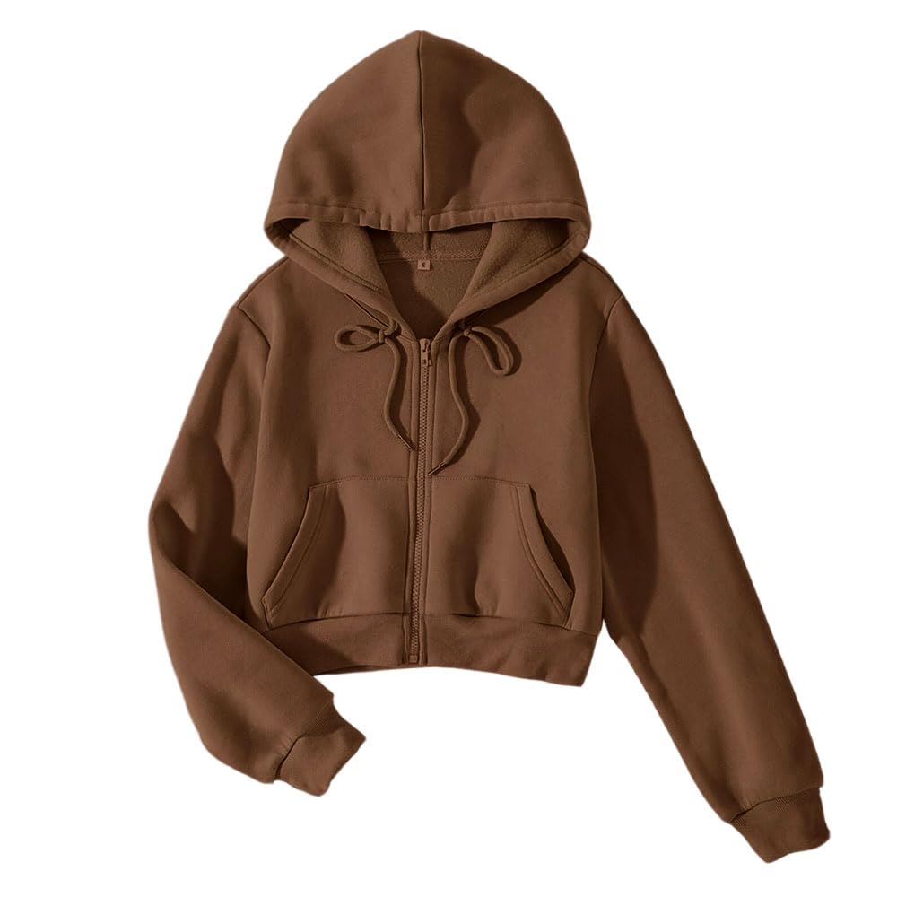LOFAAC Women Fleece Full Zip Up Cropped Hoodie Sweatshirt 90s Long Sleeve Drawstring Hooded Crop Jacket Top with Pockets