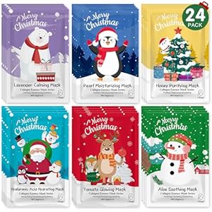 24 Pack Christmas Facial Masks for Stocking Stuffers, Hydrating Sheet Face Masks Skincare, Bulk Facial Masks Set for Women Skin Care, Christmas Gifts for Women