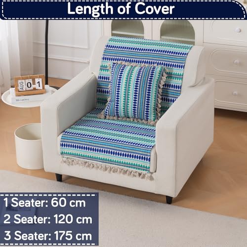 Image of HOKIPO 'Artisan Boho Series' 450 GSM Sofa Cover with Tassels | Multicolor Cotton Acrylic Jacquard Slipcover for 1 Seater Sofa, Size 152x60 cm, Royal Blue (IN-907-A2)