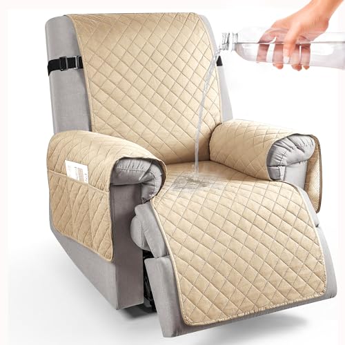 Image of HOKIPO Polyester 100% Waterproof Quilted 1 Seater Recliner Chair Slipcovers with Side Pockets, Sand Brown (AR-4971-SBR)