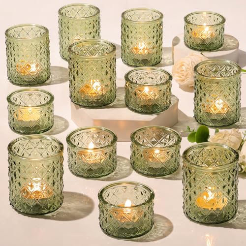 36 Pack Green Votive Candle Holders Mixed Heights Glass Tealight Holders for Wedding Table Centerpiece Bridal Shower Tea Party Summer & Everyday Home Decor