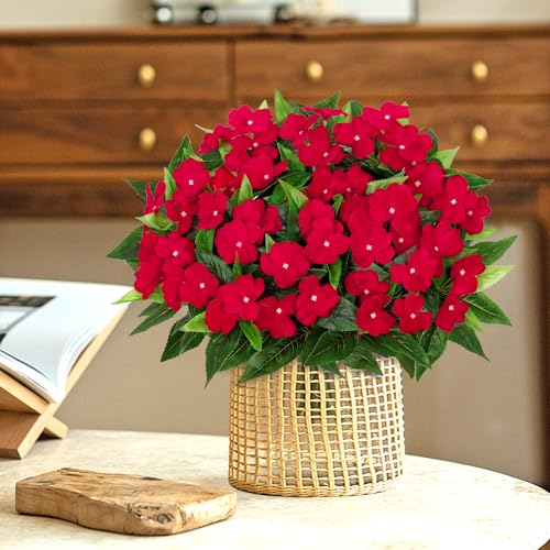 KHOYIME Artificial Flowers for Outdoors, 3PCS Red Fake Impatiens Flower Bouquet Faux Silk Floral Stems Plants Bulk UV Resistant Indoor Decorations for Table Centerpieces Home Garde image 7