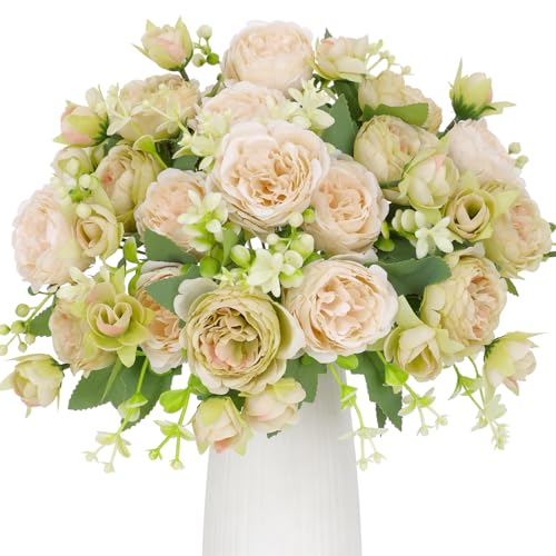 Floweroyal 4 Bündel Pfingstrose Künstliche Blumen Weiß Grün Blumen Seidenpfingstrosen Blumensträuße für Hochzeit Partei Tischaufsätze Blumenarrangement Heim Küche Dekor
