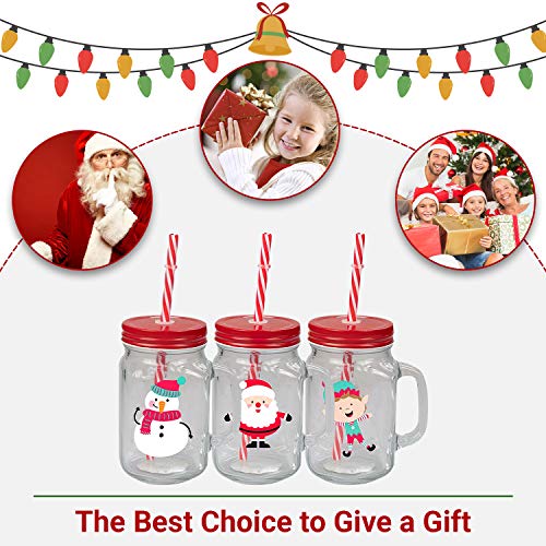 Invero® 3X Set of Christmas Design Drinking Glass Jar Mugs with Handle Screw Top Tin Lid and Straw - Image 3