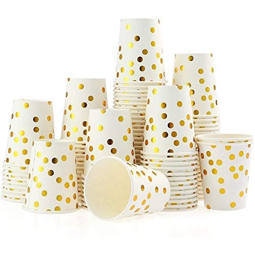 Natooz Vasos de papel desechables con lunares dorados, 250 ml, 100 unidades, para fiestas, Navidad, fiestas infantiles, bodas