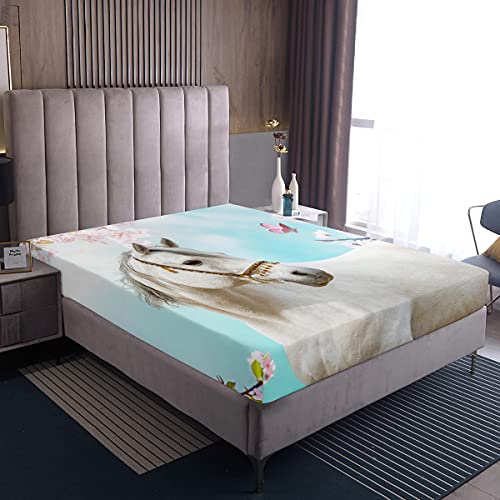 Loussiesd Drap housse imprimé cheval blanc - Motif animaux sauvages - Drap housse - 90 x 200 cm - Pour enfants et garçons - En microfibre - Thème nature