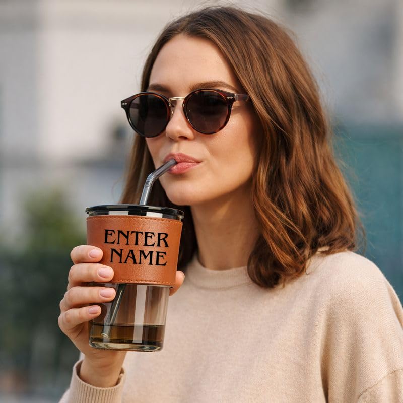 Image of Personalized Glass Sipper Tumbler with Leather Sleeve, Lid & Straw | Reusable Coffee, Tea, Milk & Juice Mug |Leakproof Gift Cup for Kids & Adults - 435ml (Black)