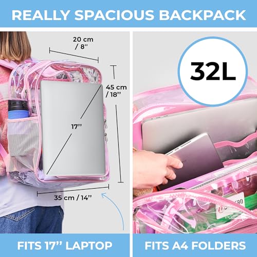 Image of SHYLERO Pink Clear Backpack Heavy Duty has TSA Lock, 2-WAY Zipper. PVC Transparent Backpack Is Extra Large - H18''xW14''xD8