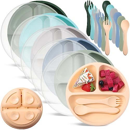 Image of Meanplan 6 Pack Suction Plates with Lids Silicone Baby Plates Toddler Plates Divided Design Stay Put with Suction Feature BPA Free Microwave and Dishwasher Safe Assorted Colors (Mixed Colors)
