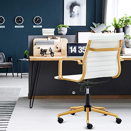 Luxmod White And Gold Office Chair Modern Executive Desk Chair In White Leather With Wheels, Mid Back, Armrest, And Swivel (Gold And White) #TOP6