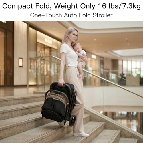 Image of Gromast Gravity Folding Baby Stroller - Portable Travel Toddler Stroller w /Adjustable Backrest, Canopy & Cup Holder, Lightweight and UV Protected, One-Hand Automatic Folding - Golden Khaki