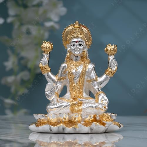 Image of Idolkart Pure Gold and Silver Coated Lakshmi Devi Idol - Beautiful and Detailed Laxmi Murti Ideal for Pooja - Divine Laxmi Idol Symbolizing Prosperity and Wealth - Sitting Lakshmi Devi Idol (3 inch)