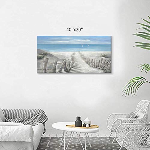 Abstract Beach Path Artwork Picture: Hand Painted Textured Coastal Painting Ocean Canvas Wall Art For Living Room (40” X 20” X 1 Panel) #TOP2