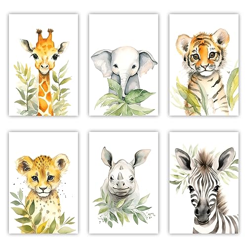 LZIMU Baby Safari Animali Stampe su Tela 6 Pezzi Simpatica Giraffa Elefante Tigre Leopardo Rinoceronte Zebra Quadri Bosco Acquerello Decorazione Camera Bambini(non incorniciato,30.00x45.00cms x6)