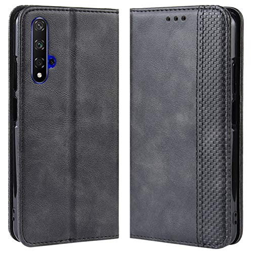 HualuBro Coque Huawei Nova 5T, Etui Housse à Rabat en Retro PU Cuir Flip Leather Case Cover Antichoc Portefeuille Protection Stand Coque pour Huawei Nova 5T 2019 (Noir)