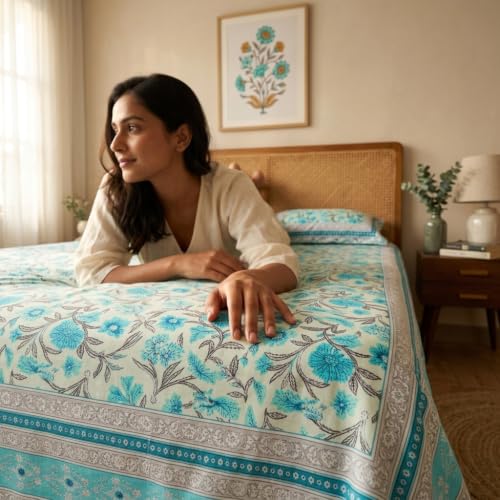 Image of Naksh Queen Size Bed Sheet Sky Blue Floral Print 2 Pillow Covers | Sky Blue Botanical Floral Print | Heritage Design for Queen Size Bedrooms