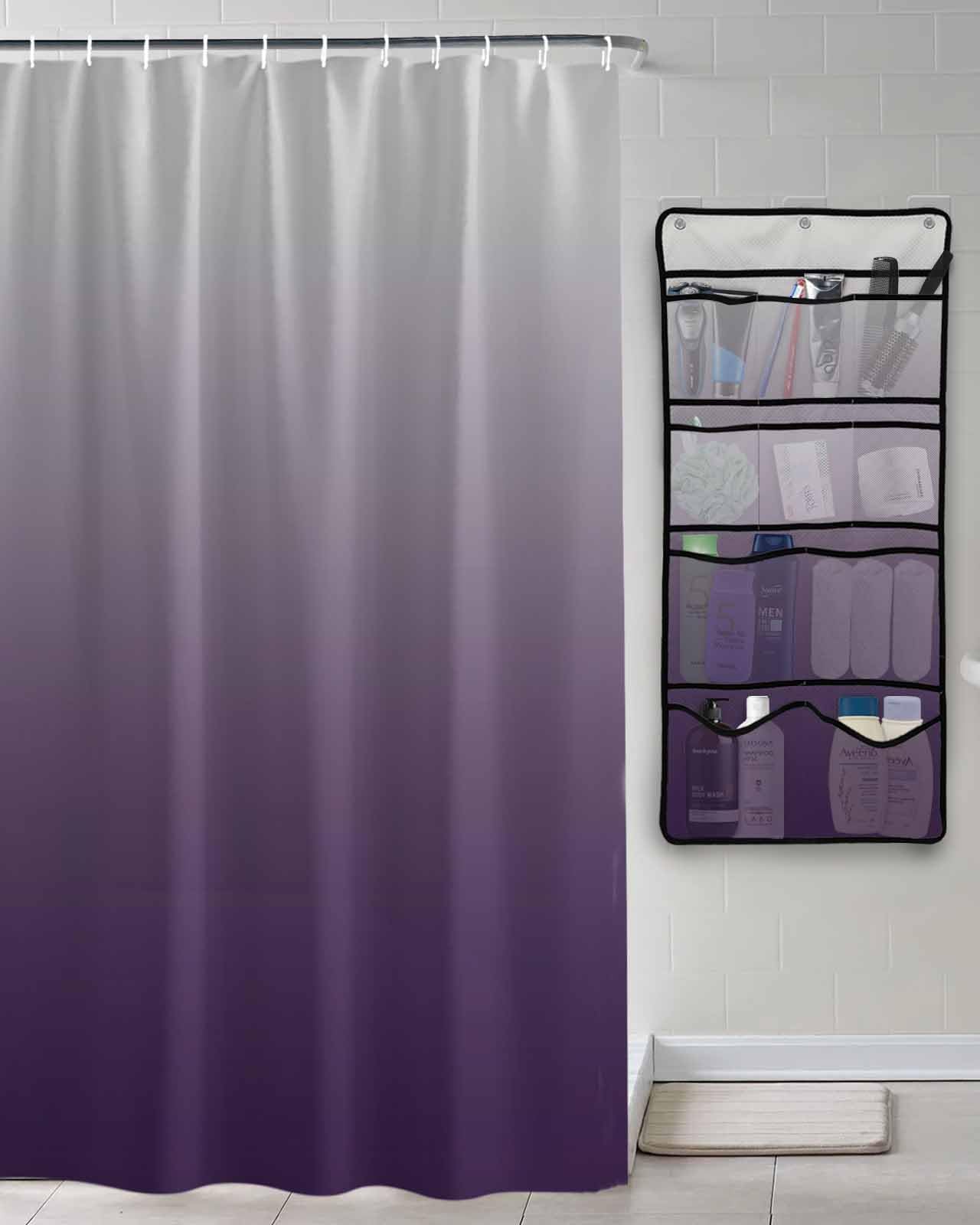 Shower Curtain Mesh Shower Organizer Hanging Set Purple Gray Gradient Waterproof Shower Curtains with 10 Pockets Quick Dry