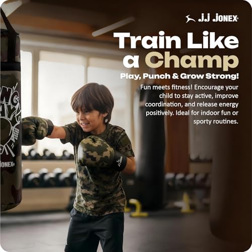 Image of JJ Jonex Sports Kids Boxing Punching Bag Set - Heavy Boxing Bag, Gloves, MMA, Home Gym & Martial Arts Training Equipment | for Boys & Girls for Age 3 4 5 6 7 8 Years | Camouflage Color |
